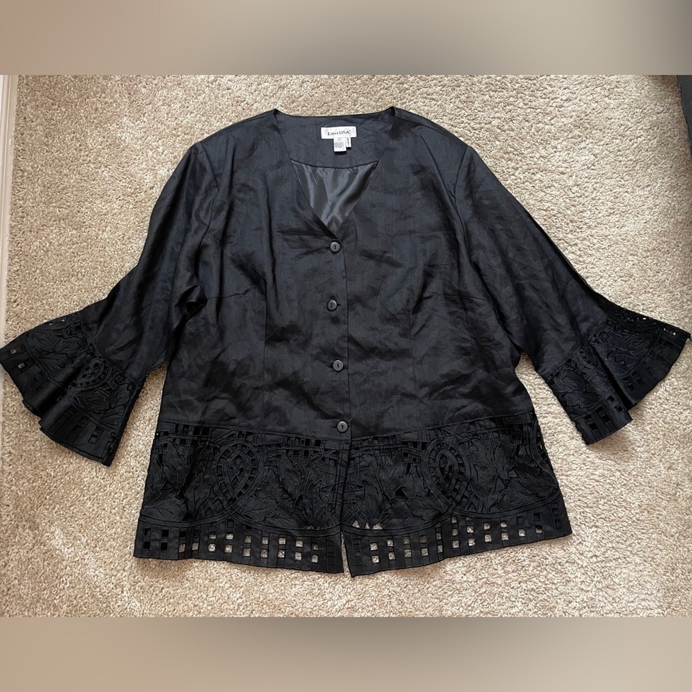 (sold)Lino Usa linen eyelet cut out flare sleeve blazer black 3X workwear casual